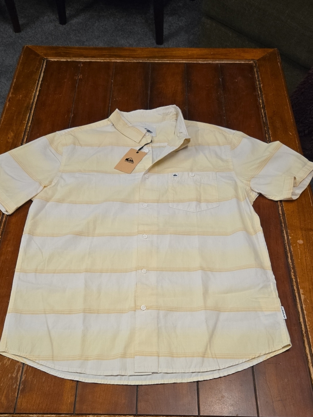 Quiksilver Men's Short Sleeve Button-Down Shirt in Light Yellow Stripe